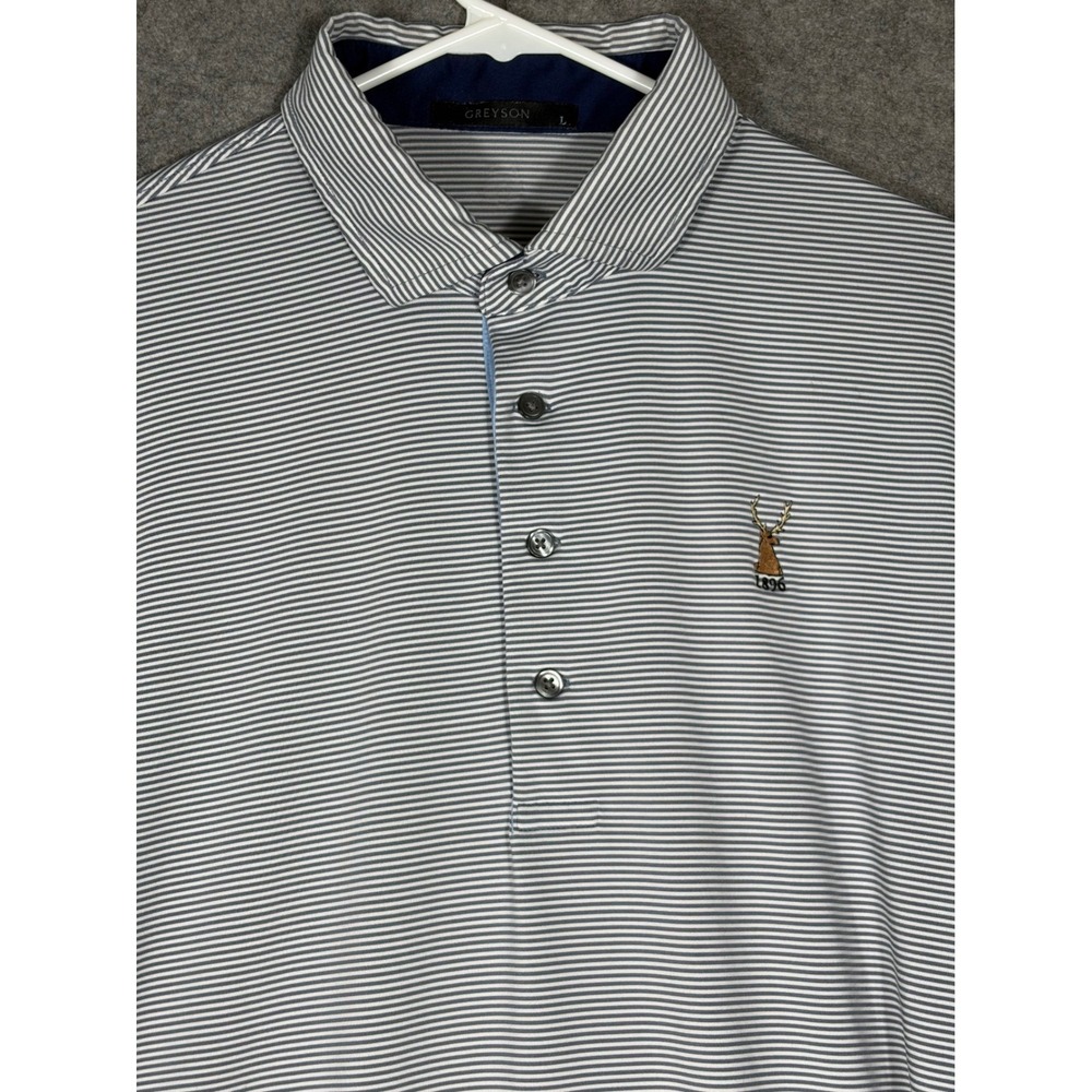 Greyson Mens Large Striped Performance Golf Polo Shirt Navy White 1896 Logo